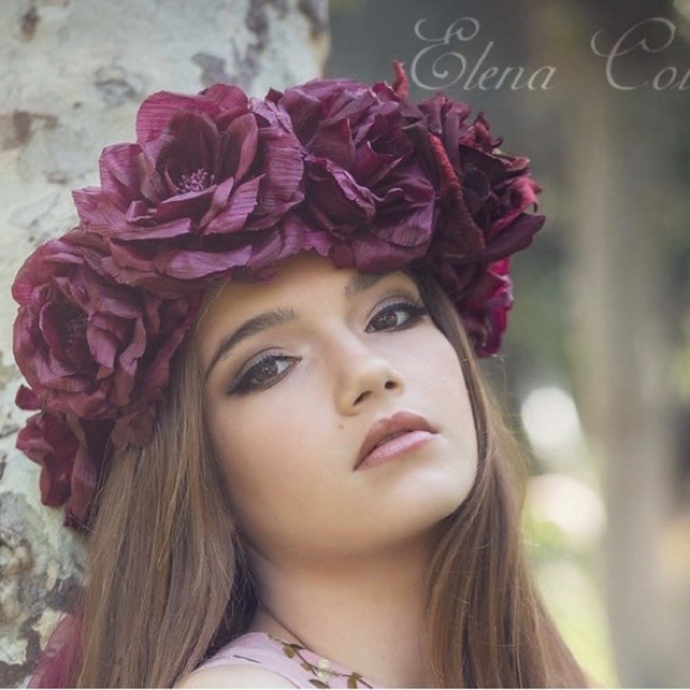 Elena Collection Floral Crown Headband in Deep Plum